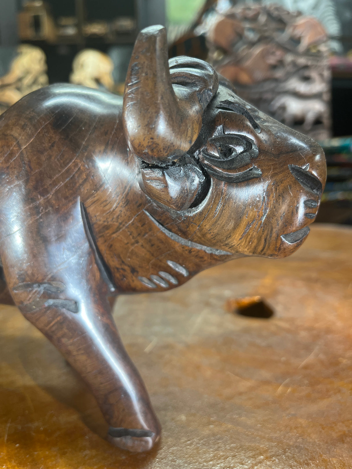 Hand Carved Dark Brown Wooden Buffalo With Horns