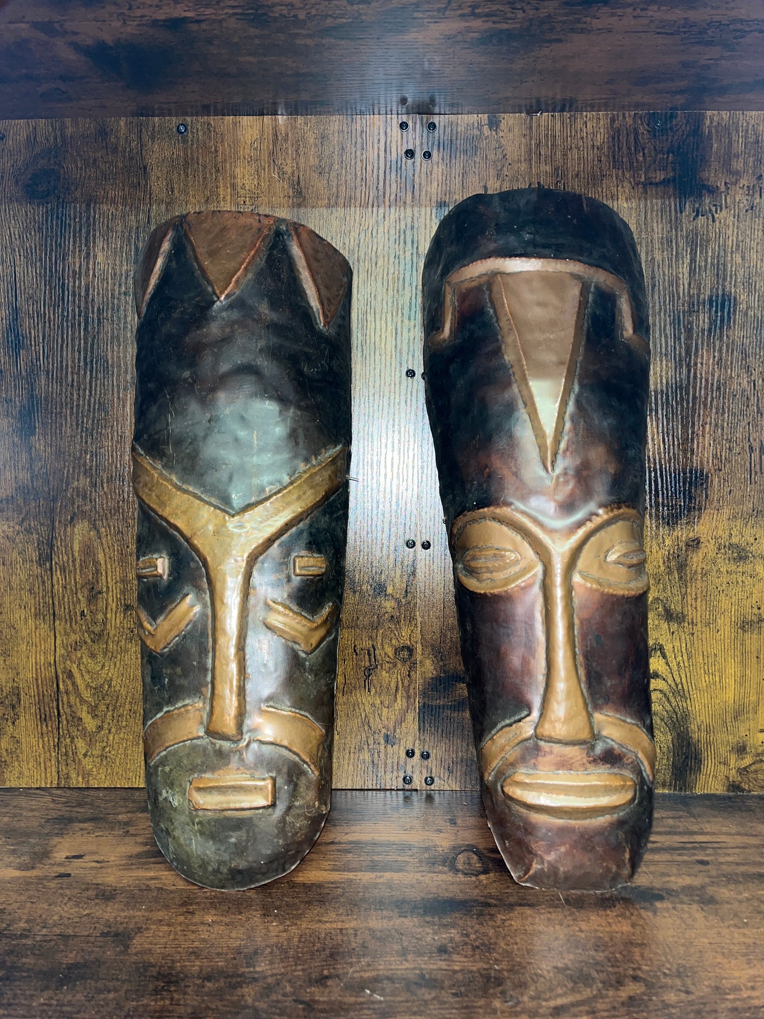 Set of Two Handmade Tribal Copper Masks