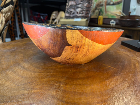 Hand carved Large Wooden Bowl Maroon Flower Design