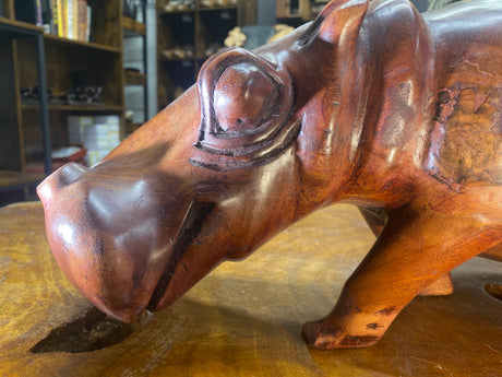 Big Reddish Colour Hand Carved Wooden Smiling Hippo - Mouth Closed (Heavy Piece)