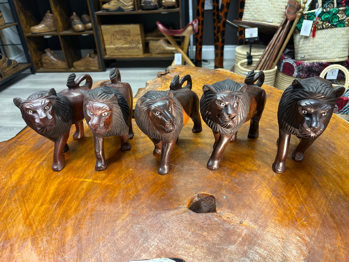 Dark Red / Brown Wooden Hand Carved Lions - Stunning Facial Features and Realism