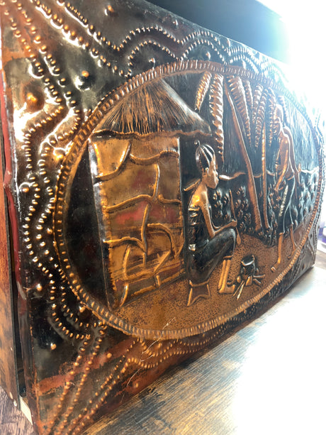 Hammered Copper Picture - Lady Cooking Over Fire