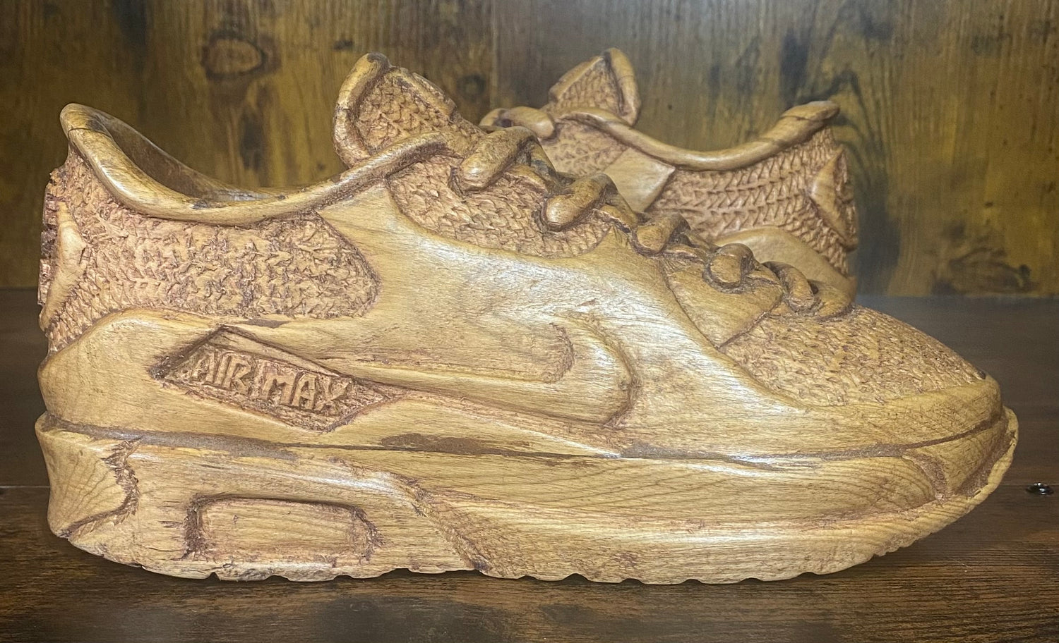 Pair of Nike Air Max 90 V3.1 Hand Carved Painted Mahogany Display Piece