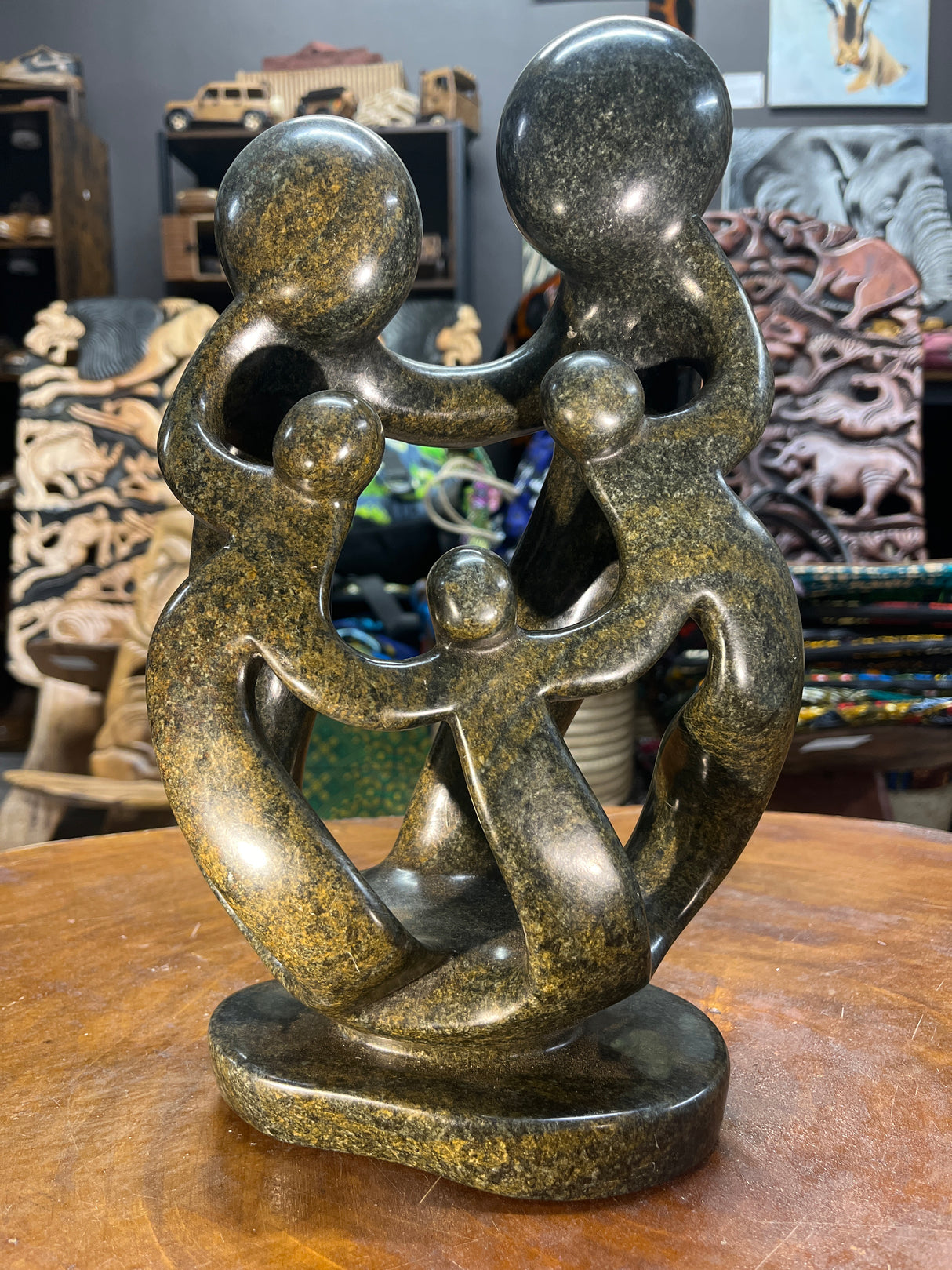 Hand Carved Stunning Green Stone Abstract Sculpture - Parents and Three Children