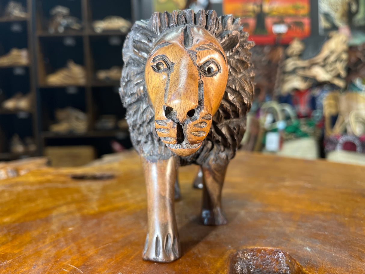 Hand Carved Wooden Lion Fresh Faced with An Intricate Mane