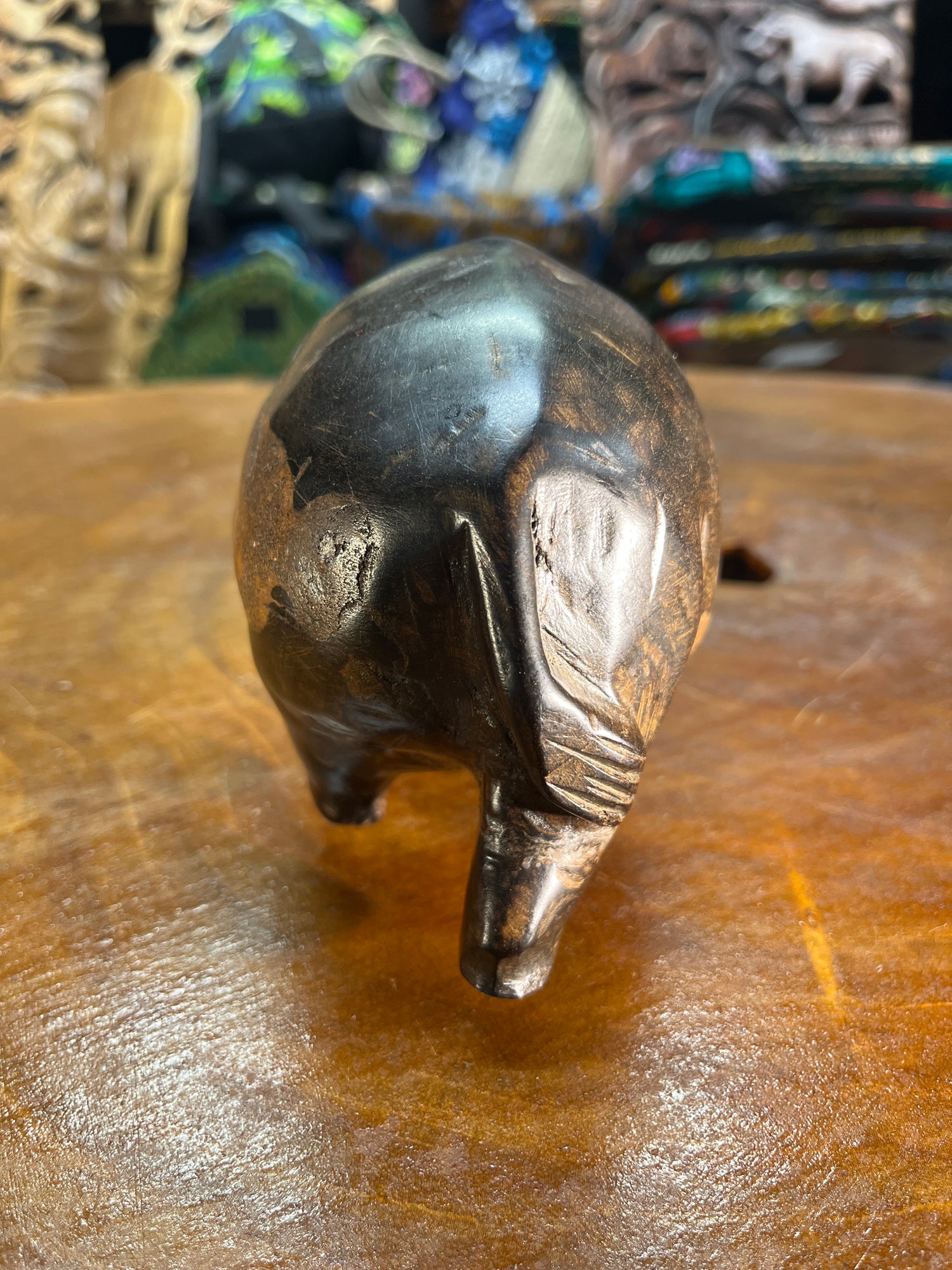 Hand Carved Dark Brown Wooden Hippo - Mouth Closed