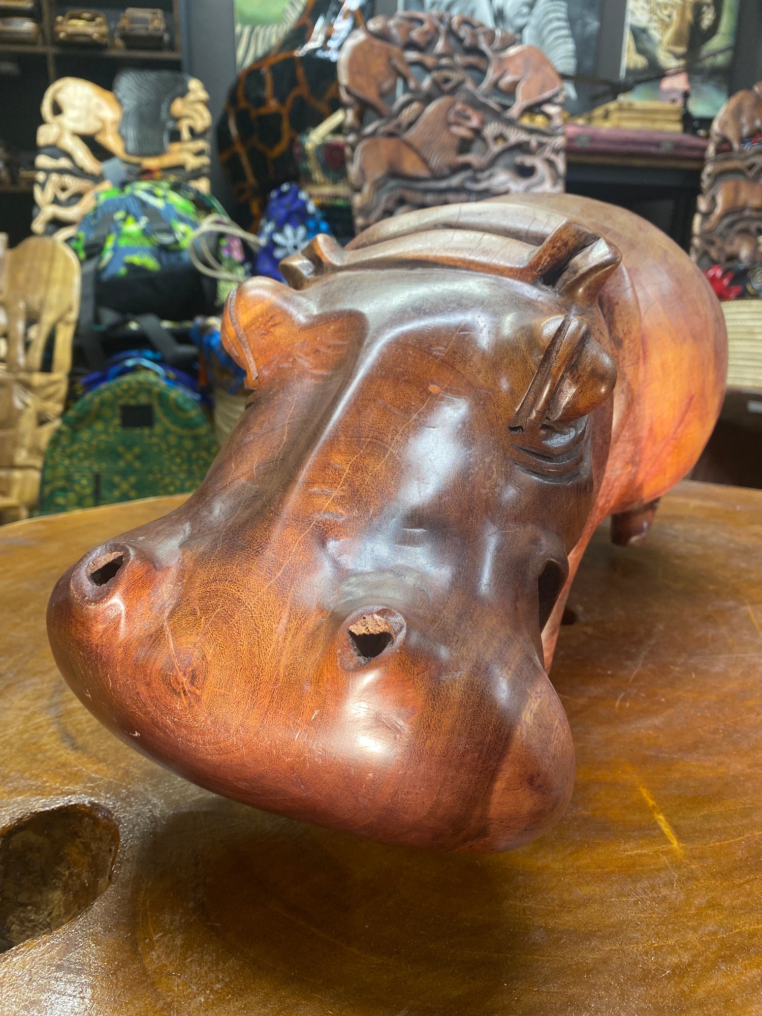 Big Reddish Colour Hand Carved Wooden Smiling Hippo - Mouth Closed (Very Heavy Piece)
