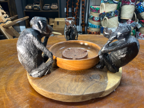 Not so Wise 3 Smoking Monkeys Ash Tray - Handmade Ebony Monkeys