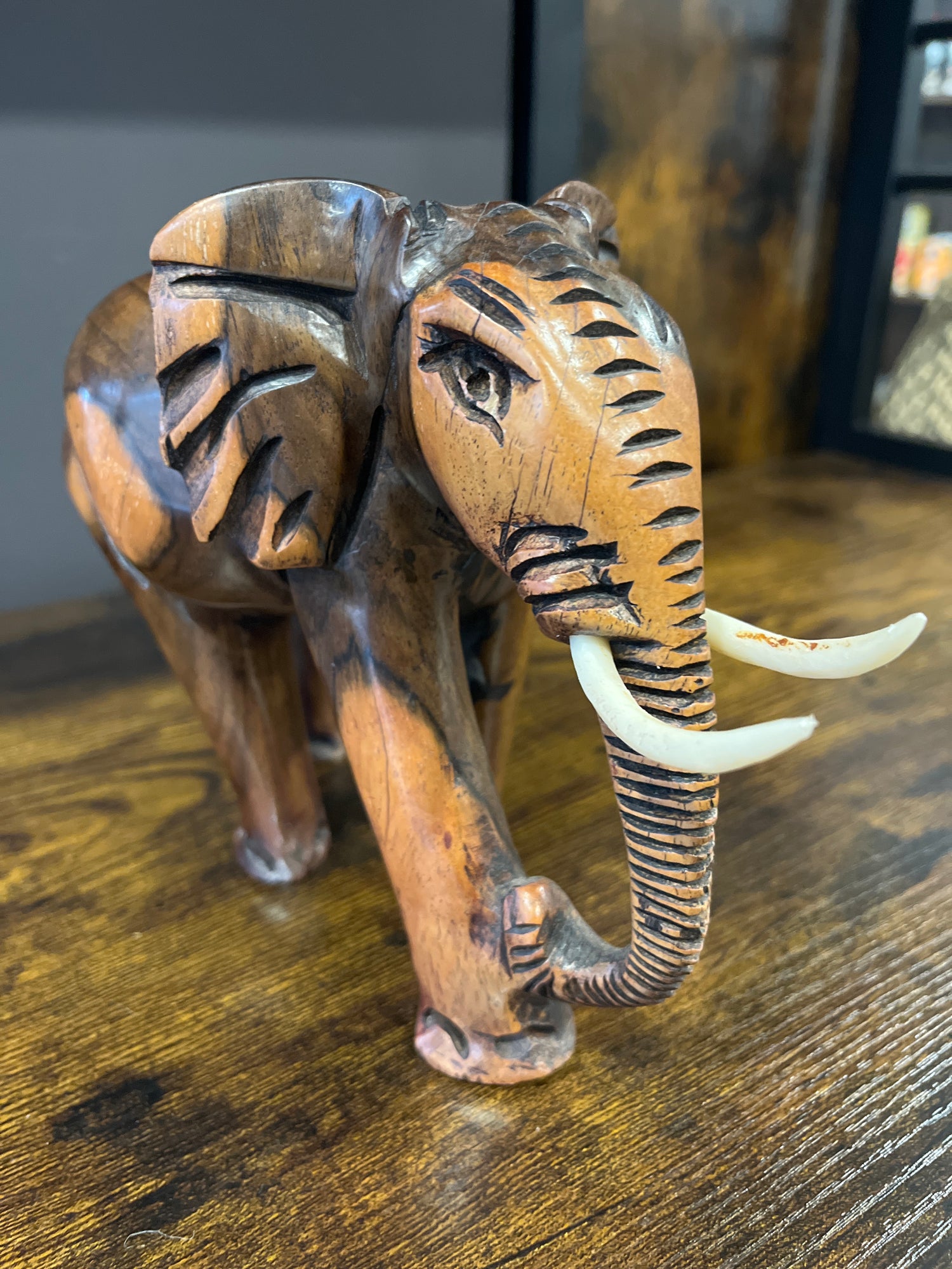Mahogany Standing Elephant with Tusks