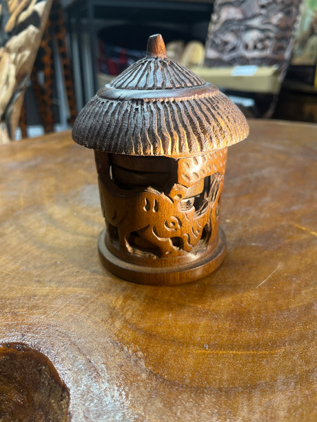 Hand Carved Mahogany African Hut with Rhino and Elephant Design Coaster Set with 8 Coasters
