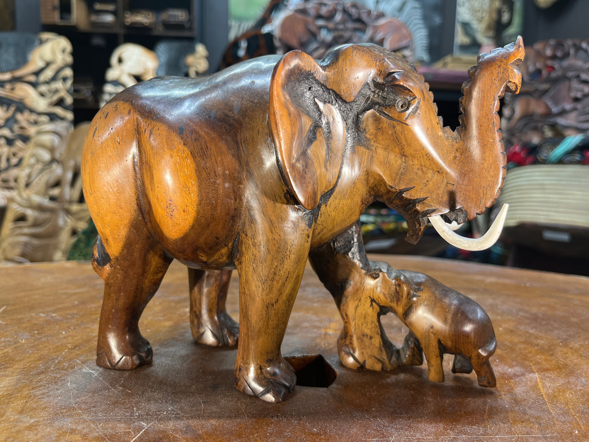 Hand Carved Wooden Elephant and Baby Malawi (Large)