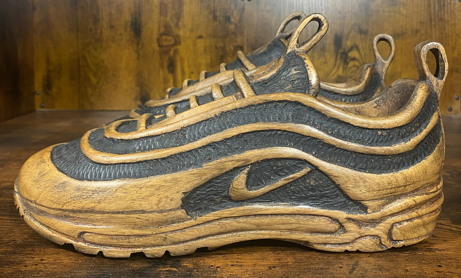 Pair of Nike Air Max 97 V1.3 Hand Carved Painted Mahogany Display Piece