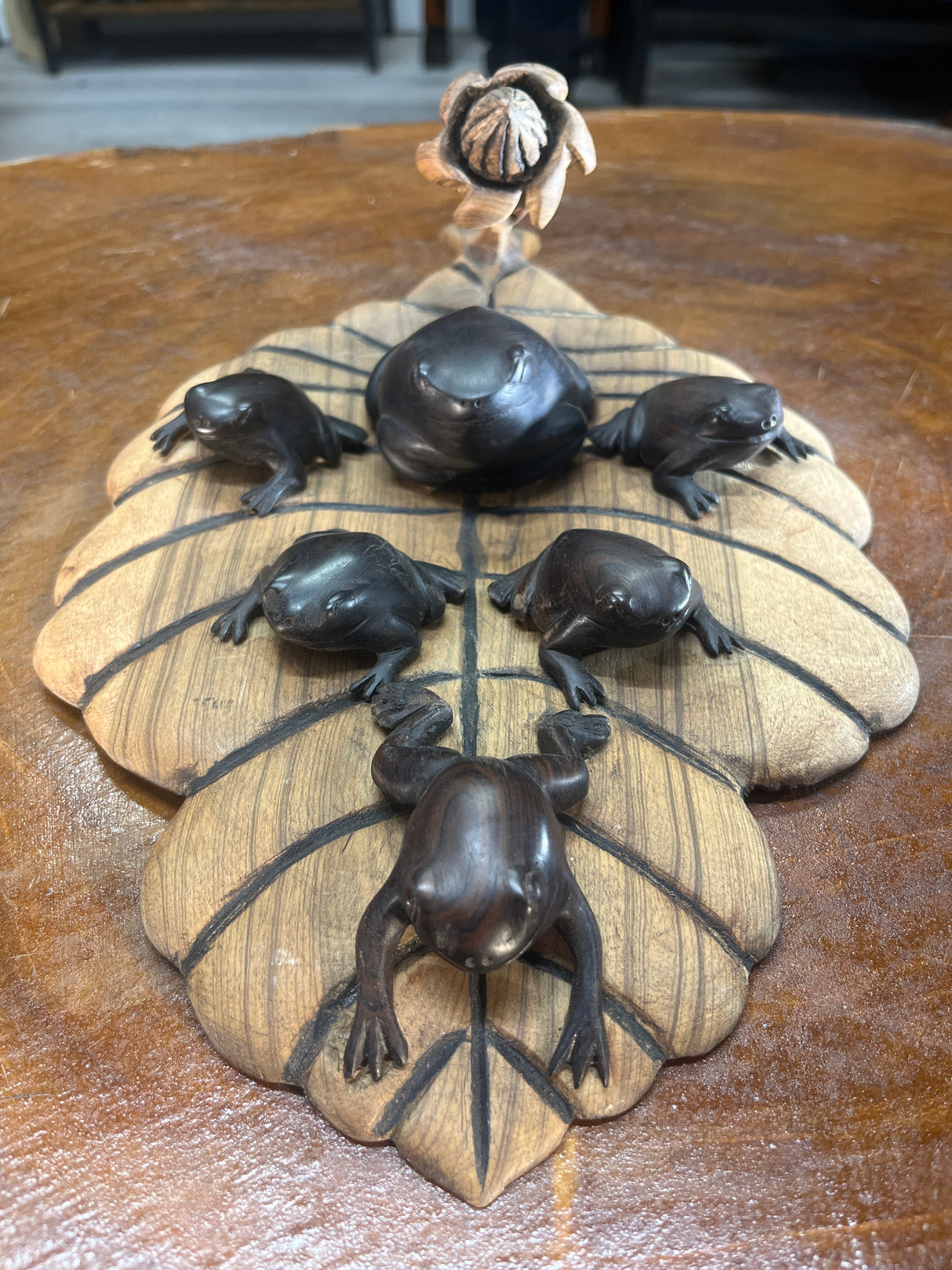 Beautiful Frog family on Lilly Hand Carved Malawi
