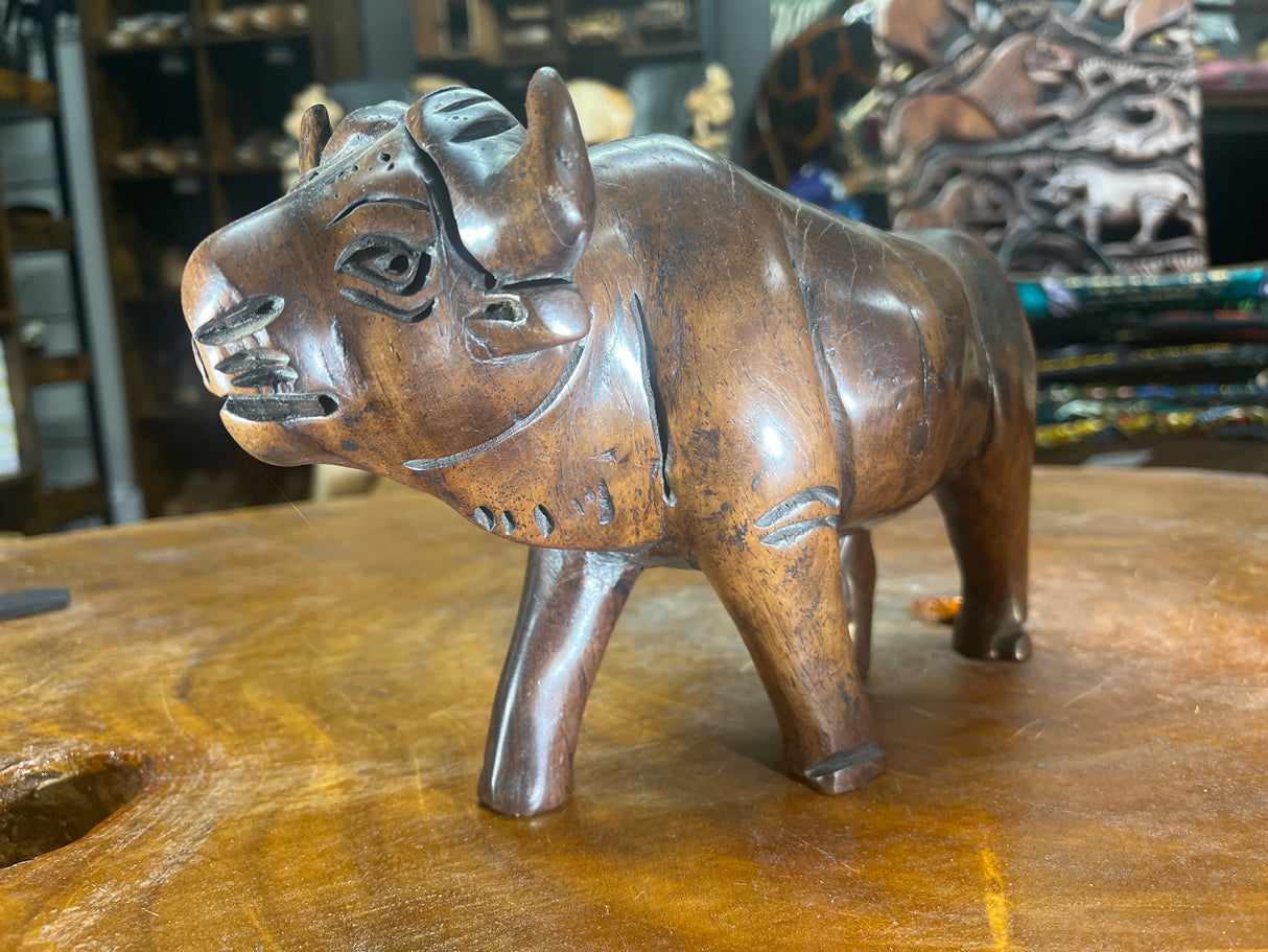 Hand Carved Dark Brown Wooden Buffalo With Horns
