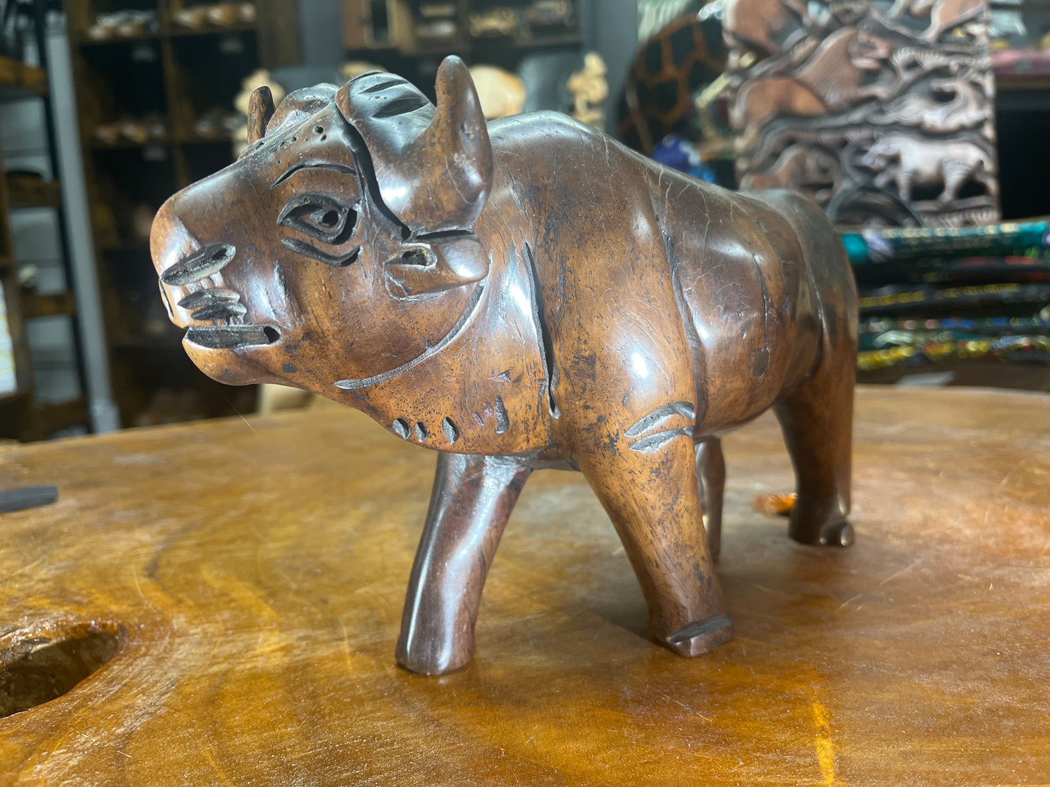 Hand Carved Dark Brown Wooden Buffalo With Horns