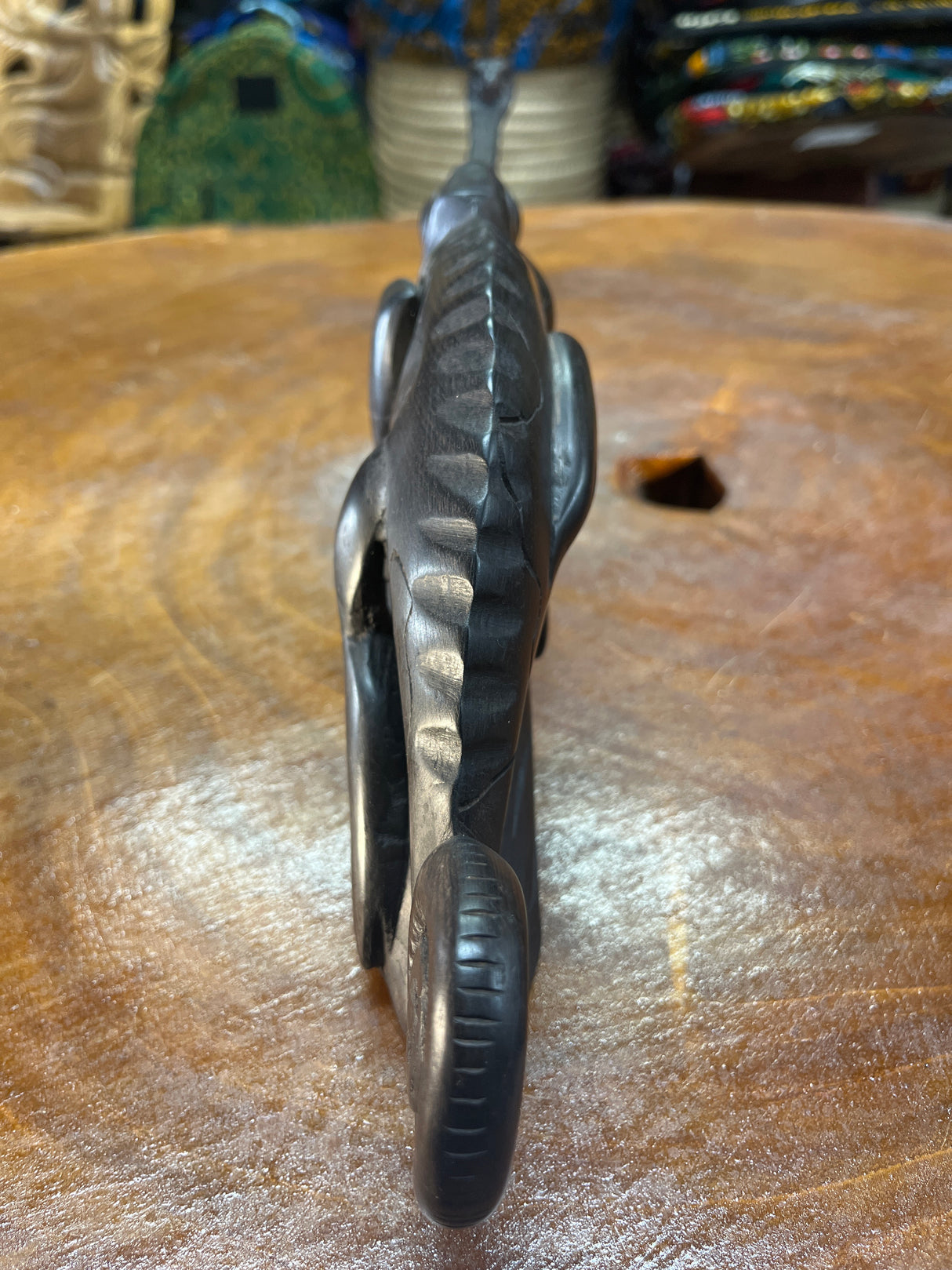 Hand Carved Ebony Lizard / Gecko on a Tree Branch Catching a Fly