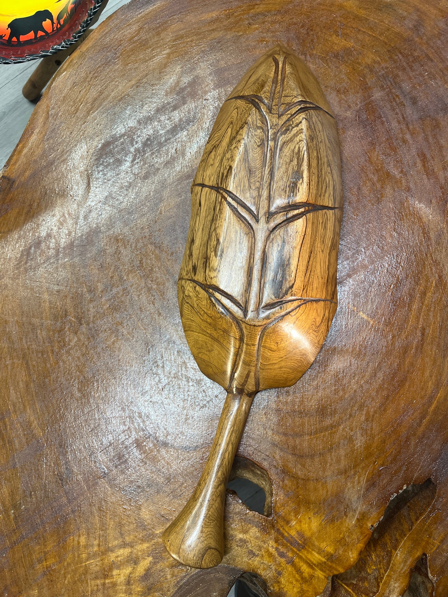 Medium Size Handmade Wooden Leaf Salad and Serving Dish (Long Stem)
