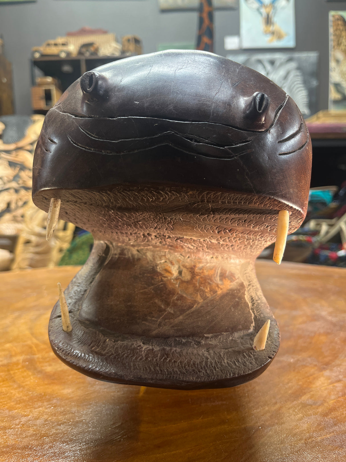 Big Reddish Colour Hand Carved Wooden Hippo - Mouth Open With Teeth (Heavy Piece)