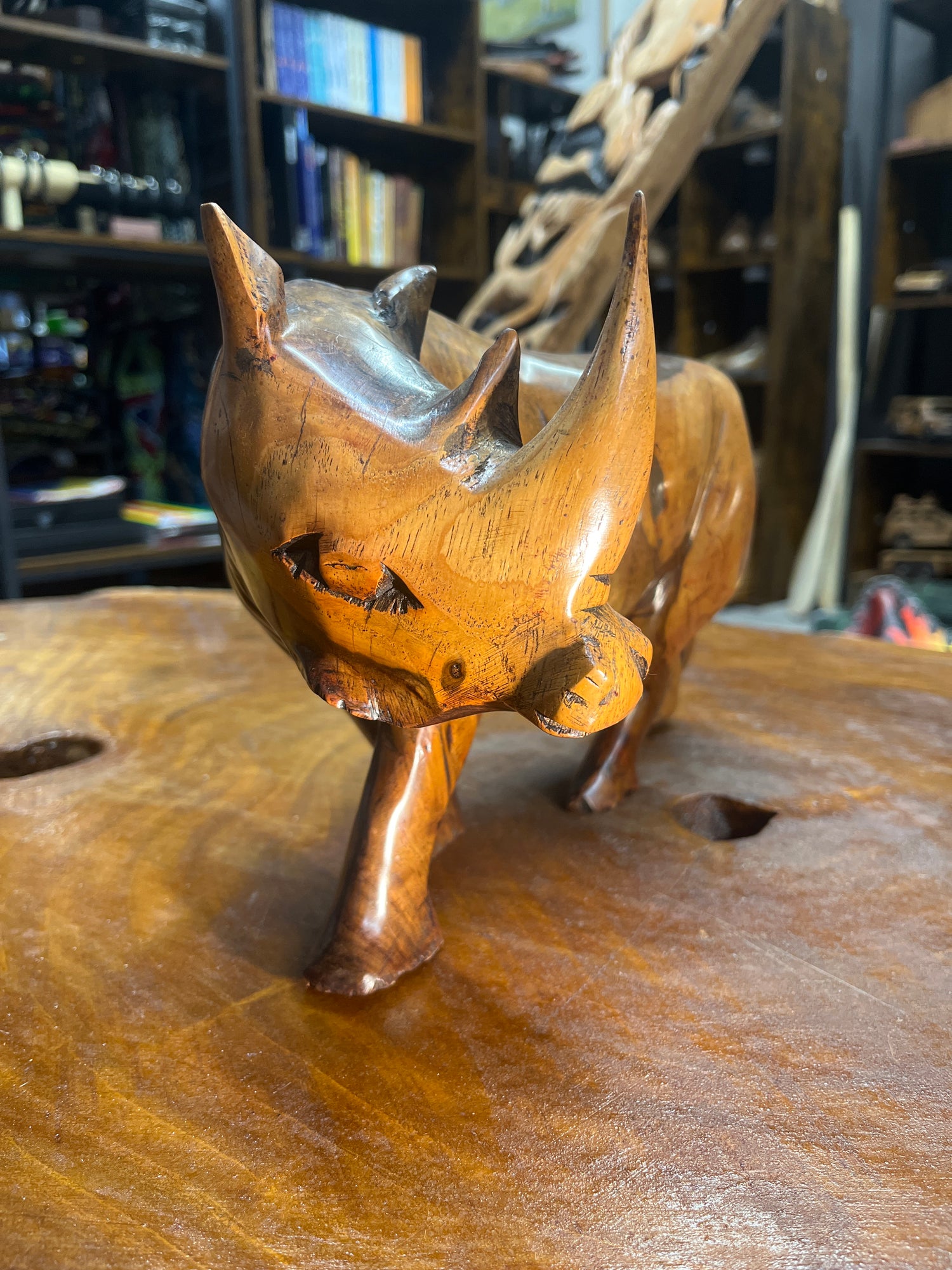 Bold Handcarved Wooden Standing Rhino Curio