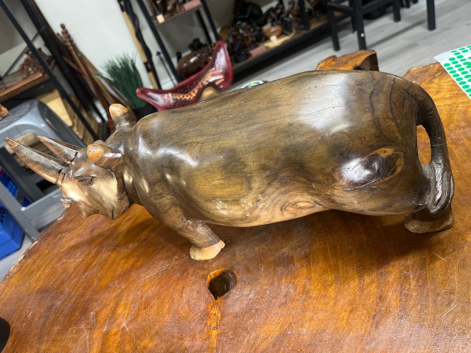 Hand carved Wooden Standing Rhino Curio (Light Brown)