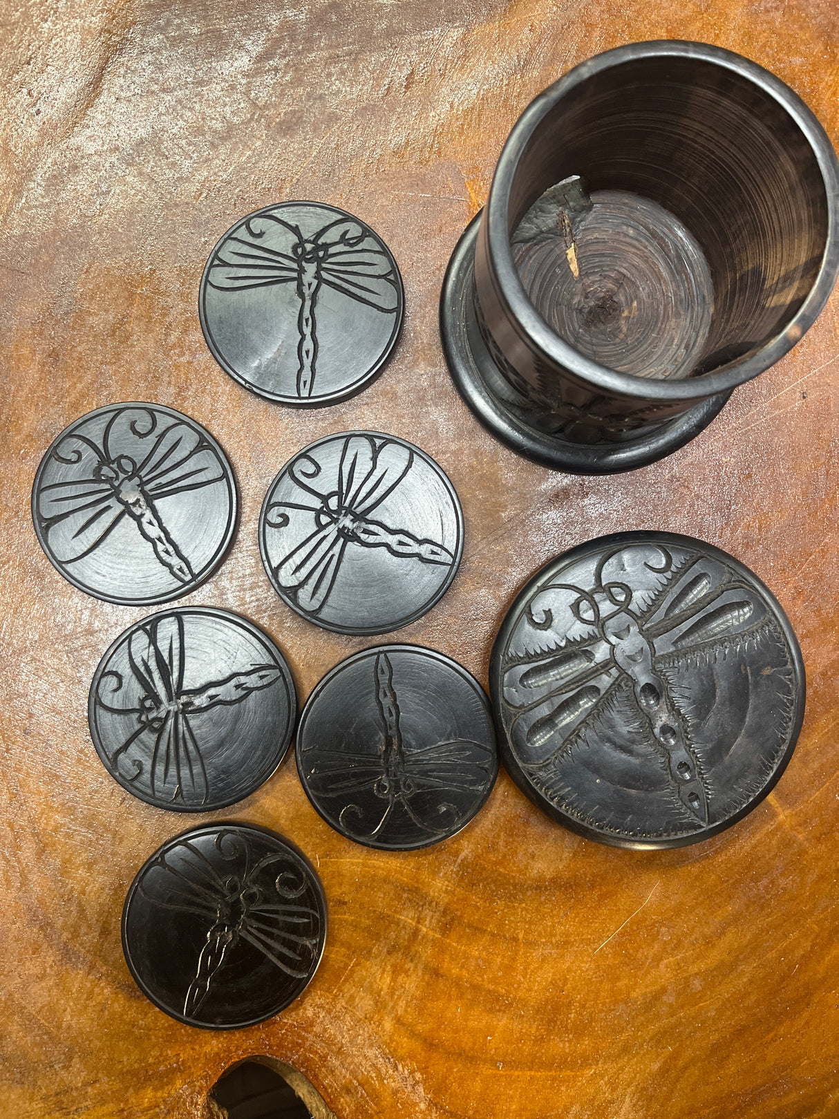Large Ebony Dragonfly Design Coaster Set with 6 Coasters