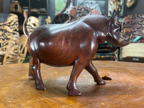Hand Carved Dark Brown Wooden Warthog With Horns