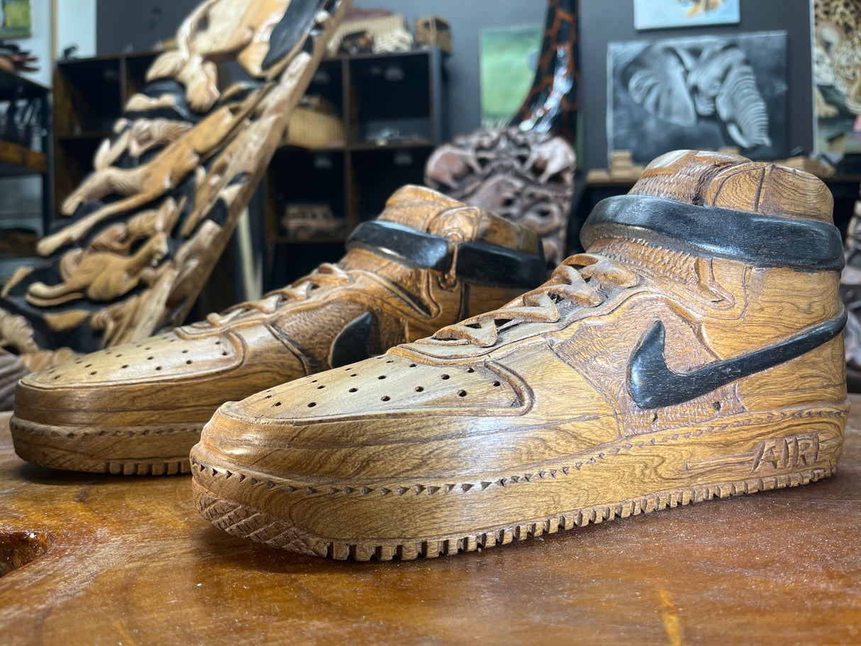 Pair of Nike Air Force One High V1.1 Hand Carved Mahogany Display Piece
