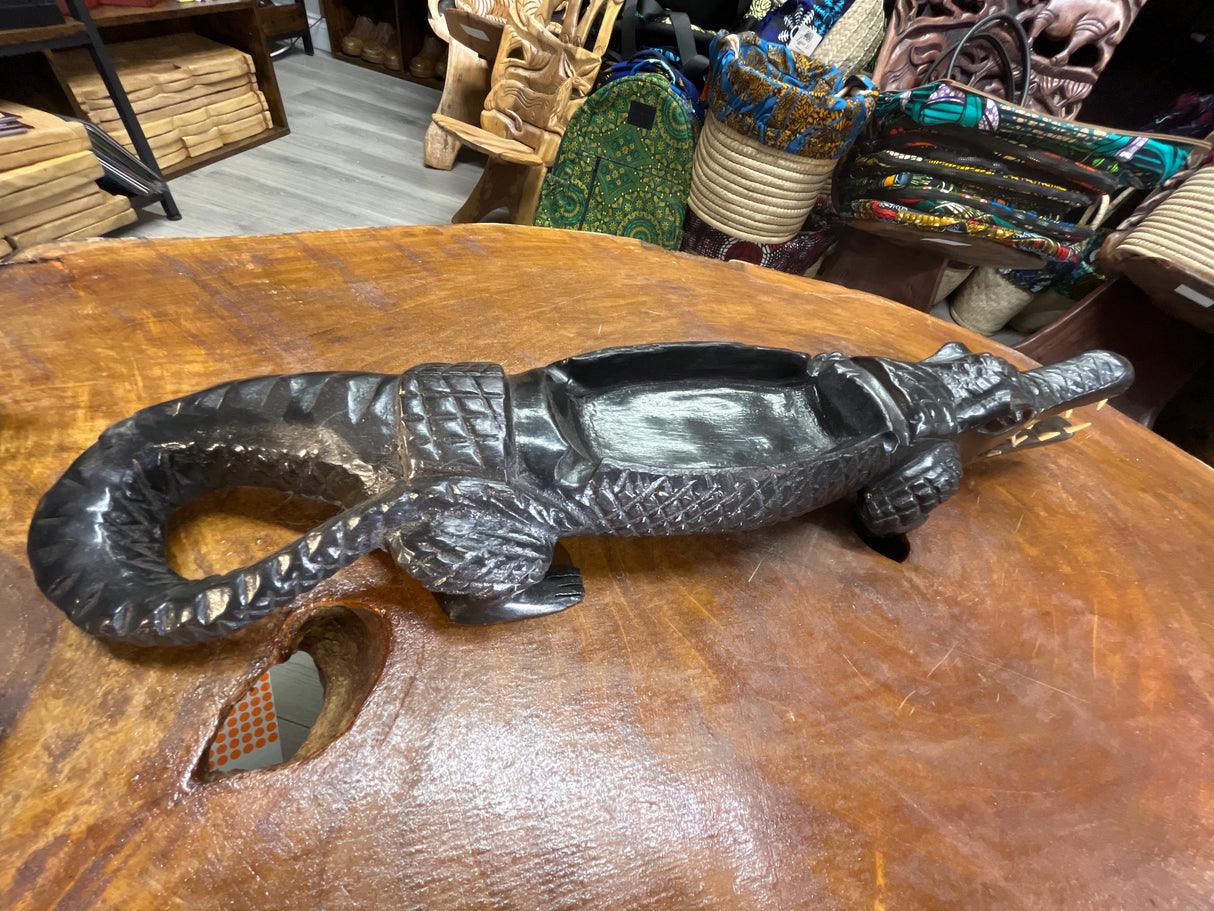 Hand Carved Stunning Ebony Crocodile With Coin / Jewellery Dish