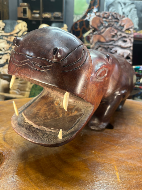 Big Reddish Colour Hand Carved Wooden Hippo - Mouth Open With Teeth (Heavy Piece)