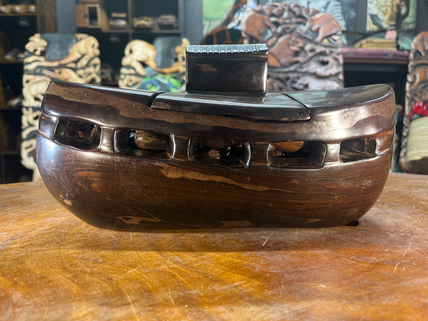 Hand Carved Ebony Noah’s Ark With Animals and Noah and Spouse