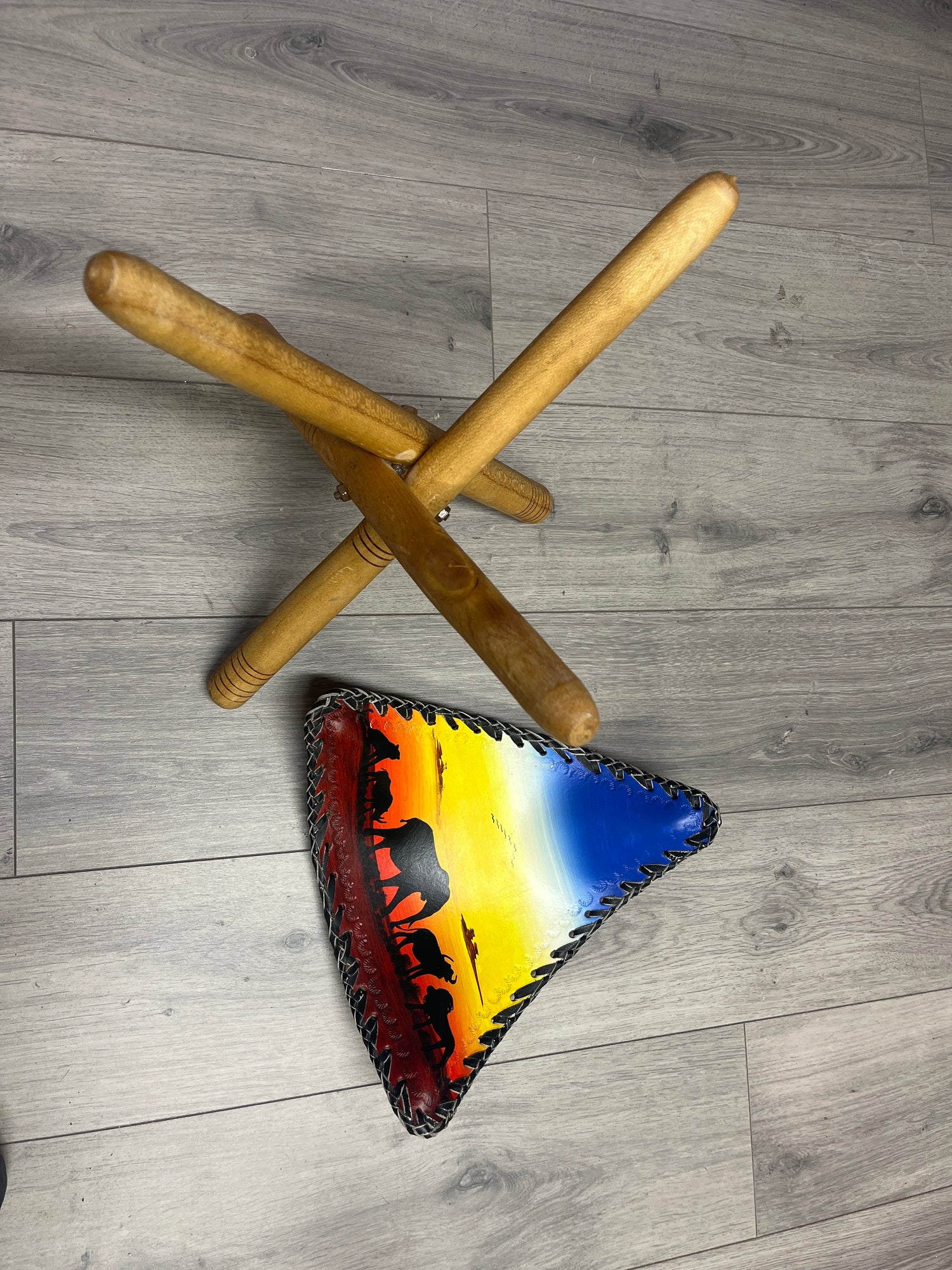 Handmade Folding Tripod Chair with an African Savannah Sunset on the Leather Seat - Tanzania
