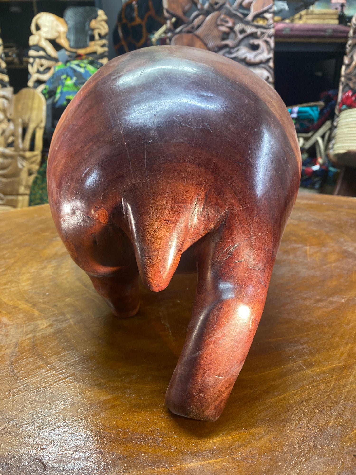 Big Reddish Colour Hand Carved Wooden Smiling Hippo - Mouth Closed (Very Heavy Piece)