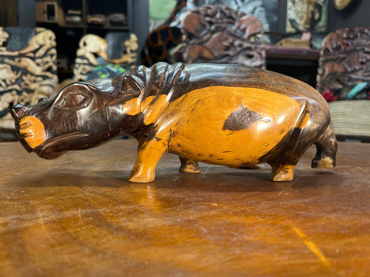 Hand Carved Dark Brown Wooden Hippo - Mouth Closed and Long Body