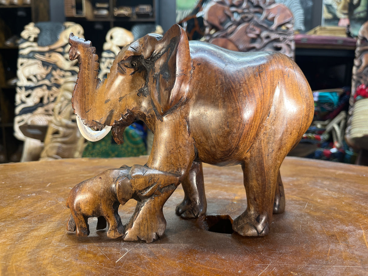 Hand Carved Wooden Elephant and Baby Malawi (Large)