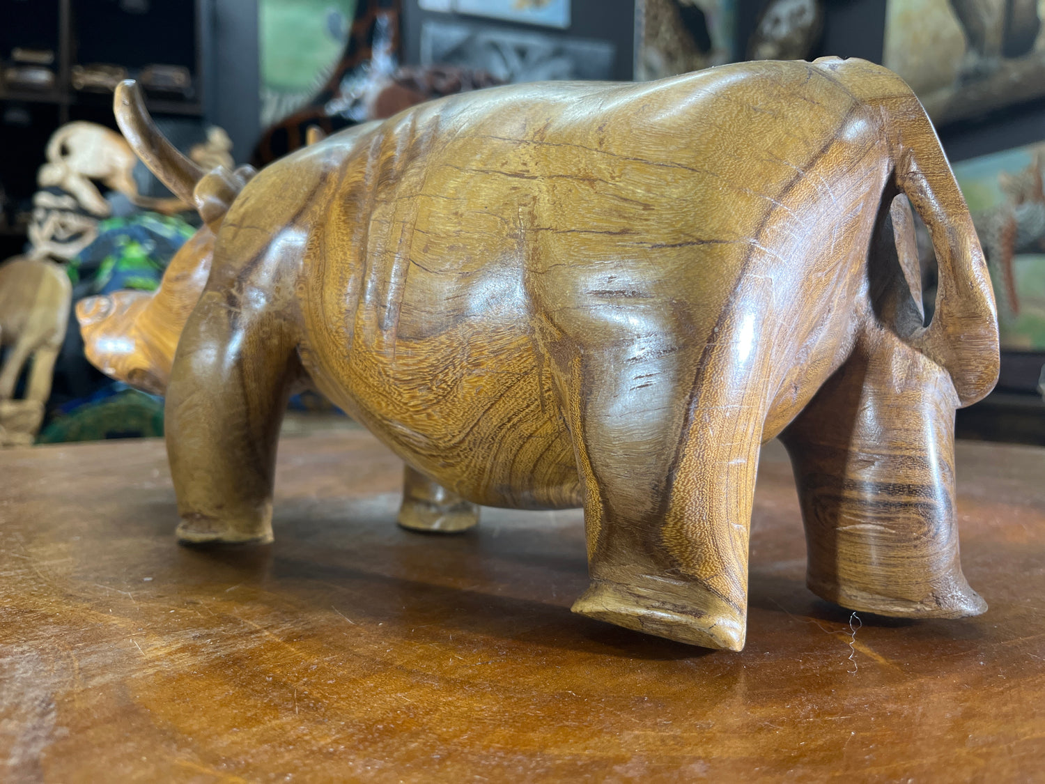 Hand Carved Wooden Beautifully Grained Heifer Cow With Horns