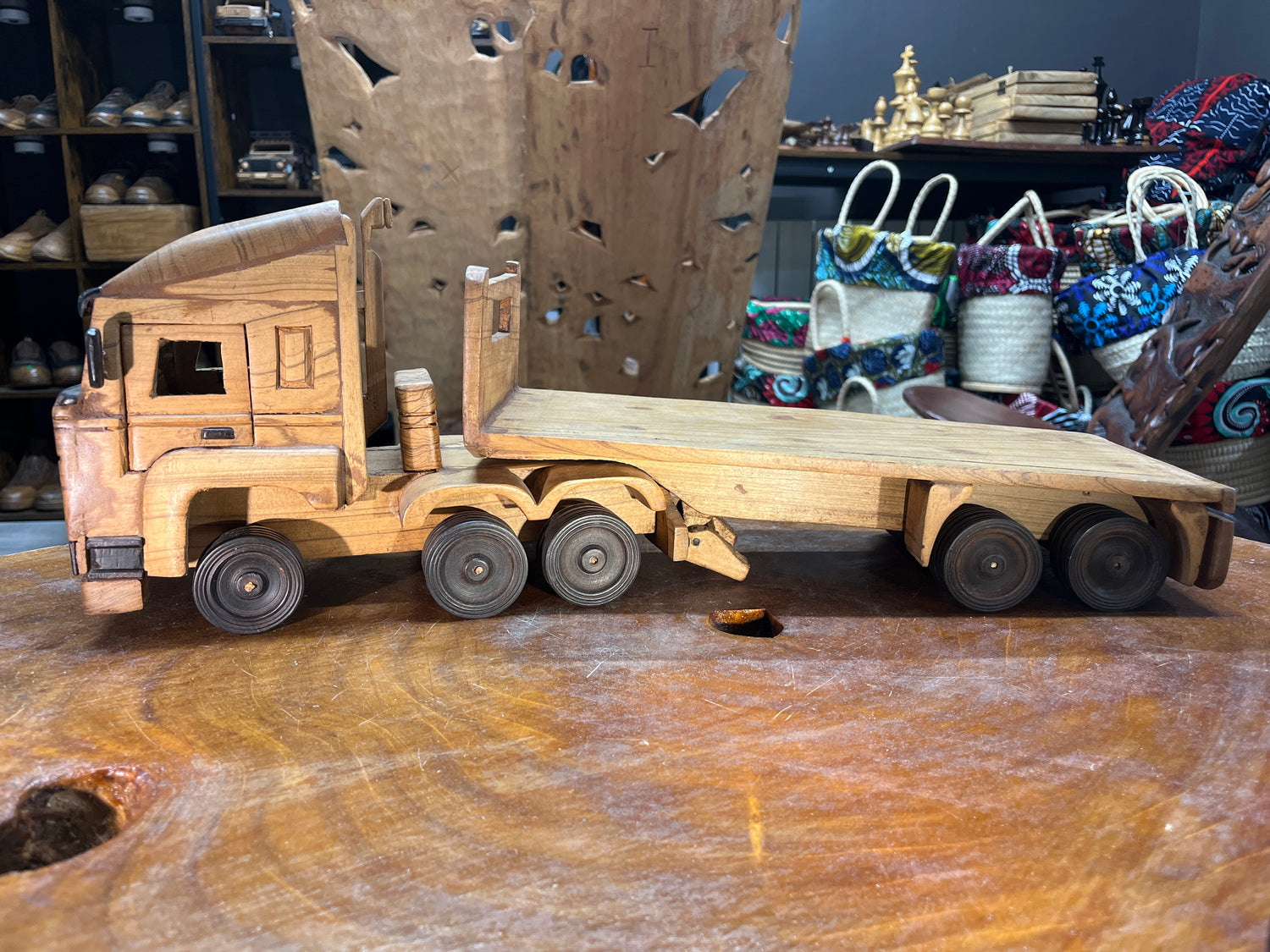Hand Carved Truck & Trailer Wooden Model With A Car