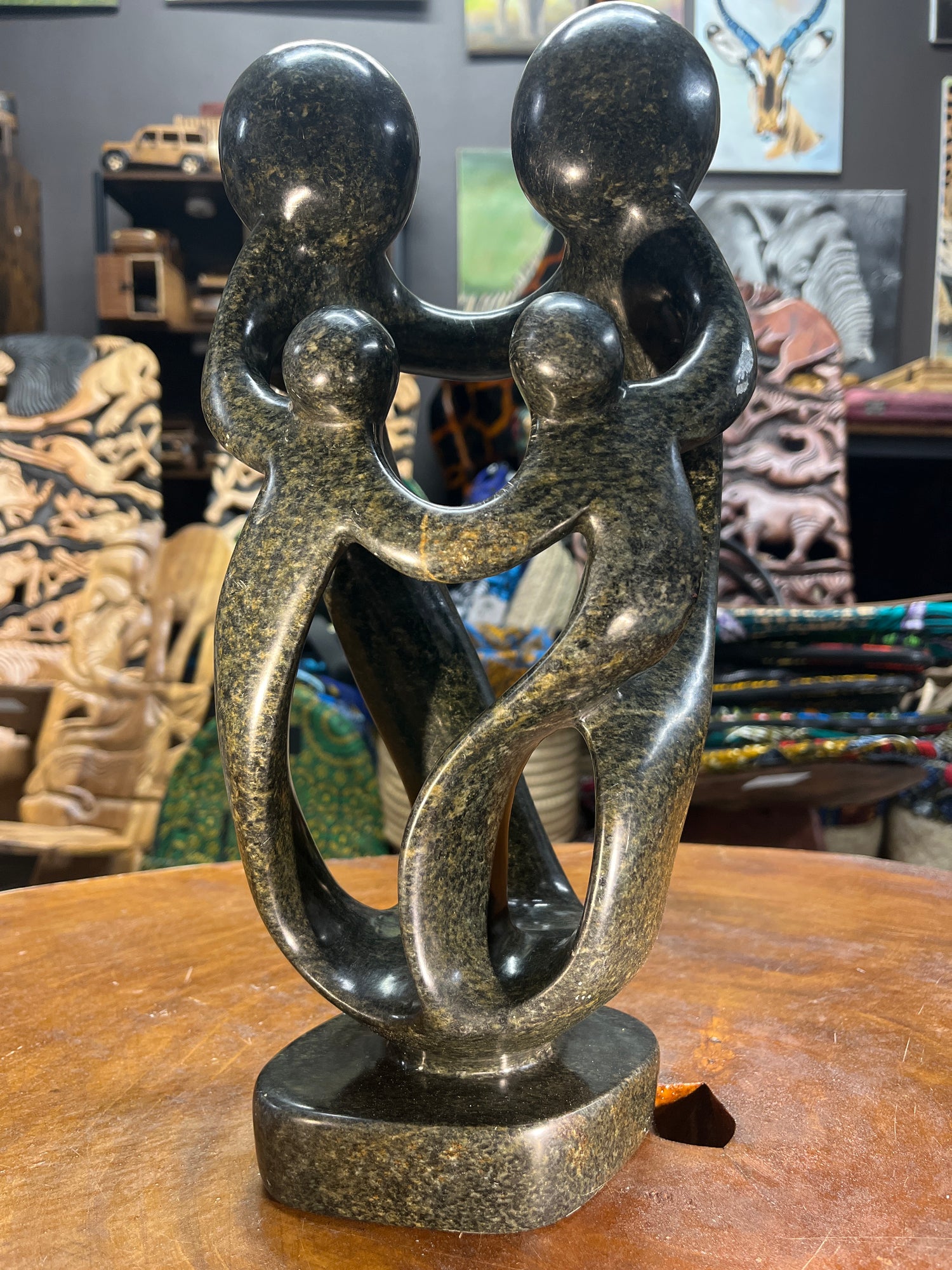 Hand Carved Stunning Green Stone Abstract Sculpture - Parents and Two Children (Tall)