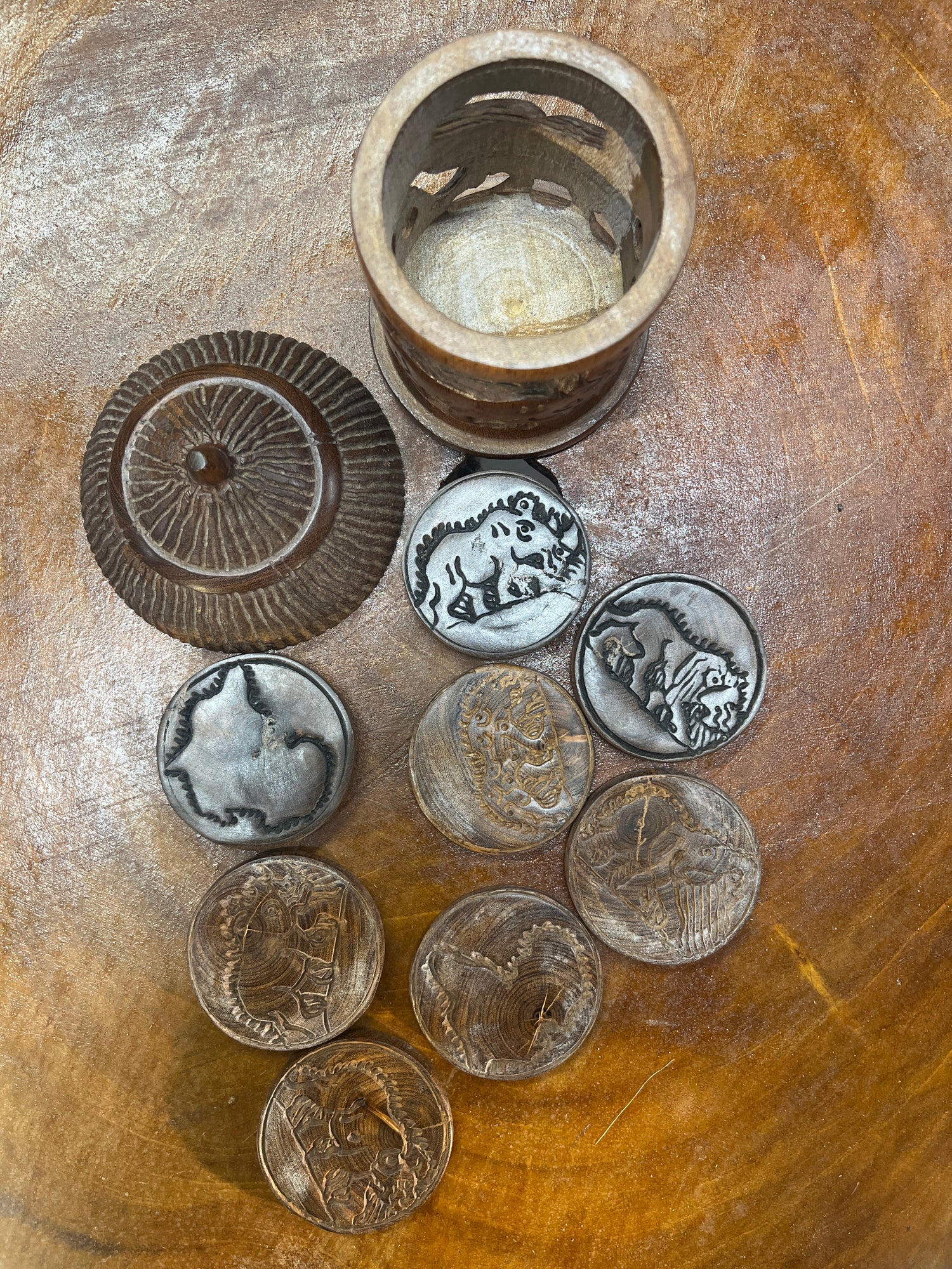Hand Carved Mahogany African Hut with Rhino and Elephant Design Coaster Set with 8 Coasters