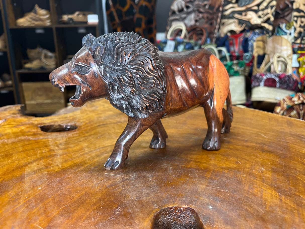 Hand Carved Wooden Reddish Brown Growling Lion