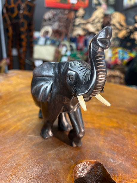 Hand Carved Ebony Elephant Striking Pose