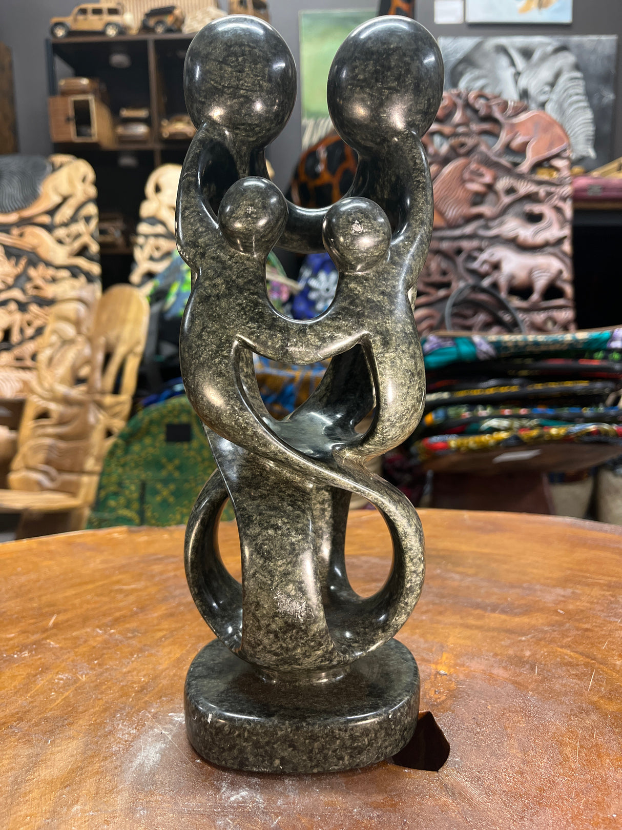 Hand Carved Stunning Green Stone Abstract Sculpture - Parents and Two Children (Slim)