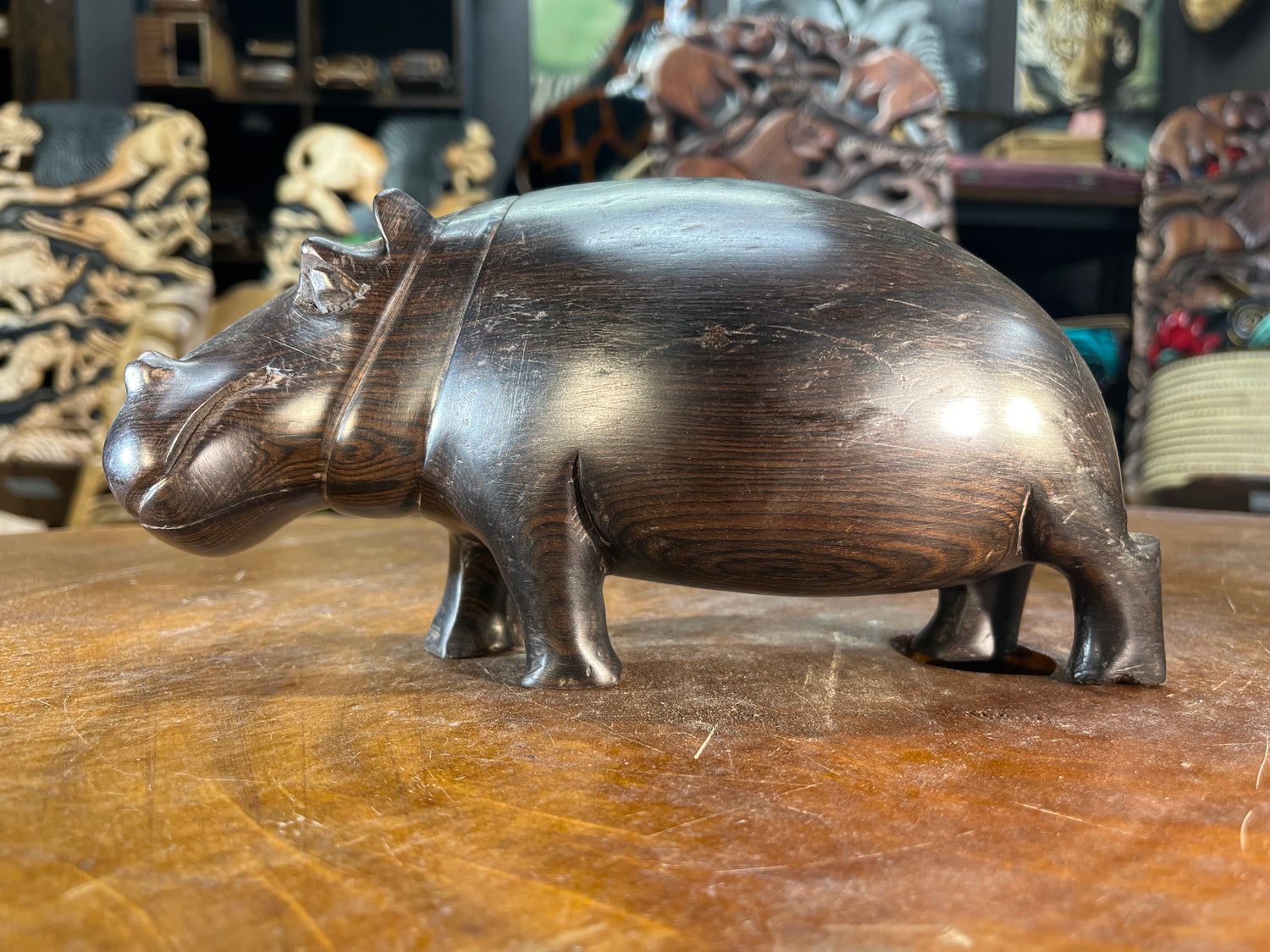 Hand Carved Ebony Wooden Hippo - Mouth Closed