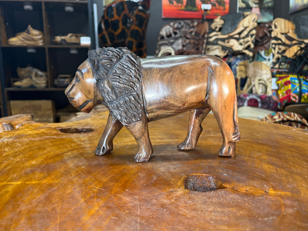Hand Carved Wooden Lion Fresh Faced with An Intricate Mane