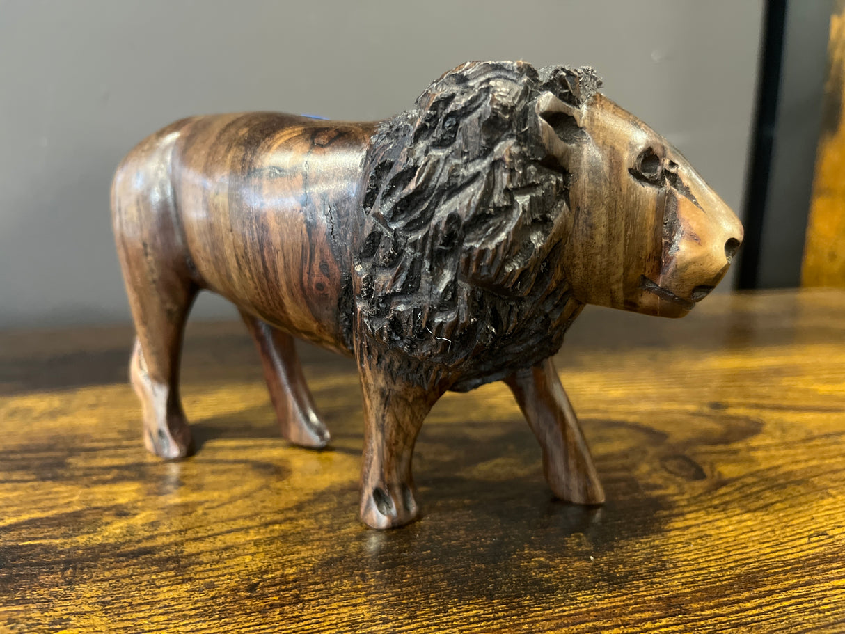Small Hand Carved Wooden Lion Fresh Faced with An Intricate Mane
