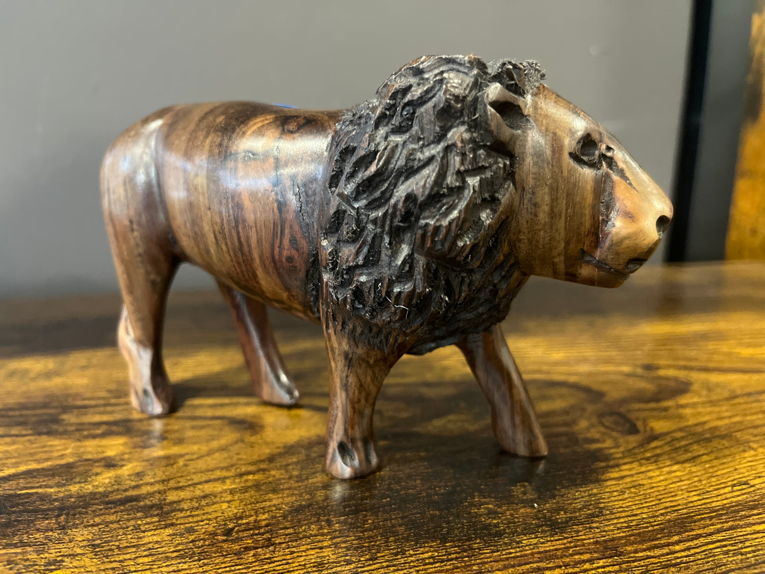 Small Hand Carved Wooden Lion Fresh Faced with An Intricate Mane