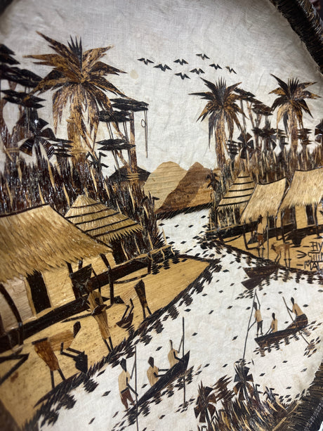 Handmade Wicker, cloth and Banana leaf Decorative Tray - Lake Malawi Scene