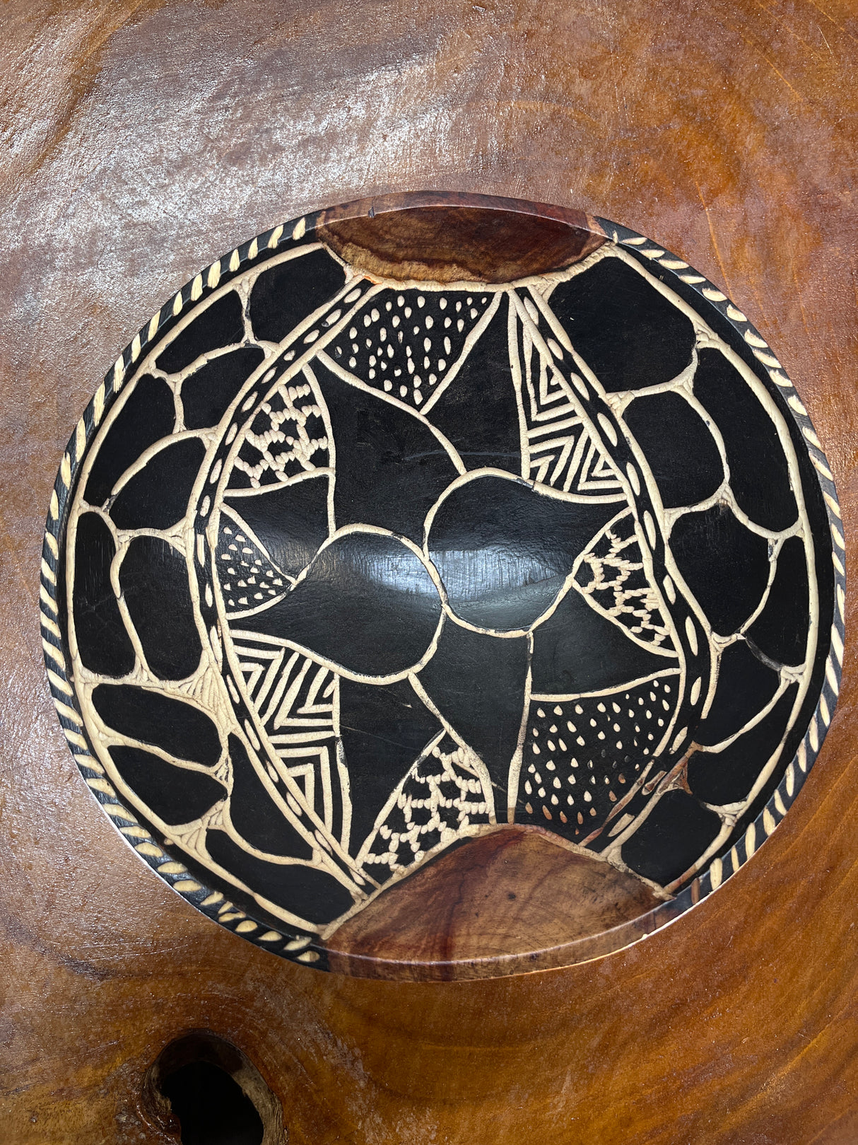 Hand carved Large Wooden Bowl Black Flower Design