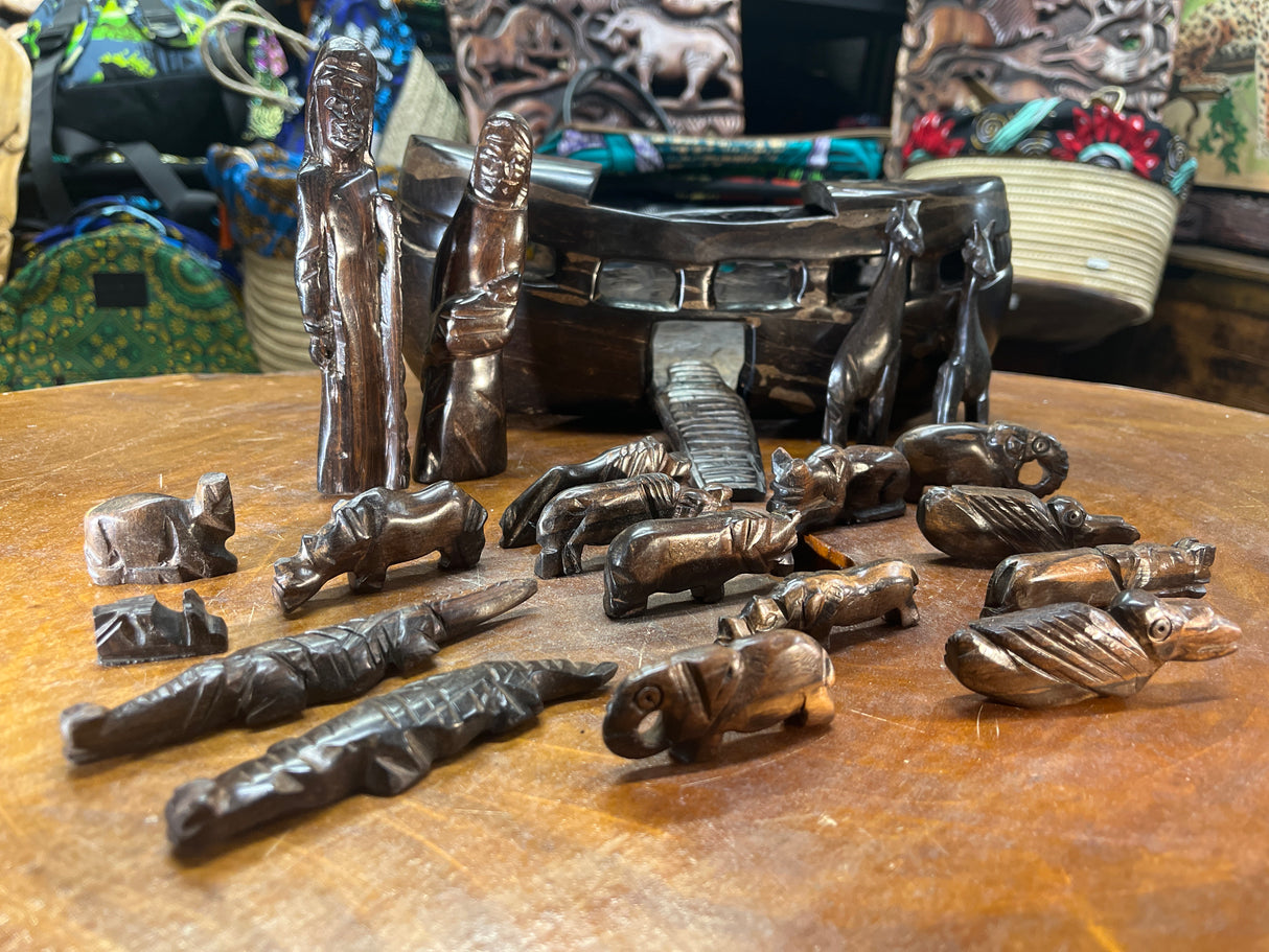 Hand Carved Ebony Noah’s Ark With Animals and Noah and Spouse
