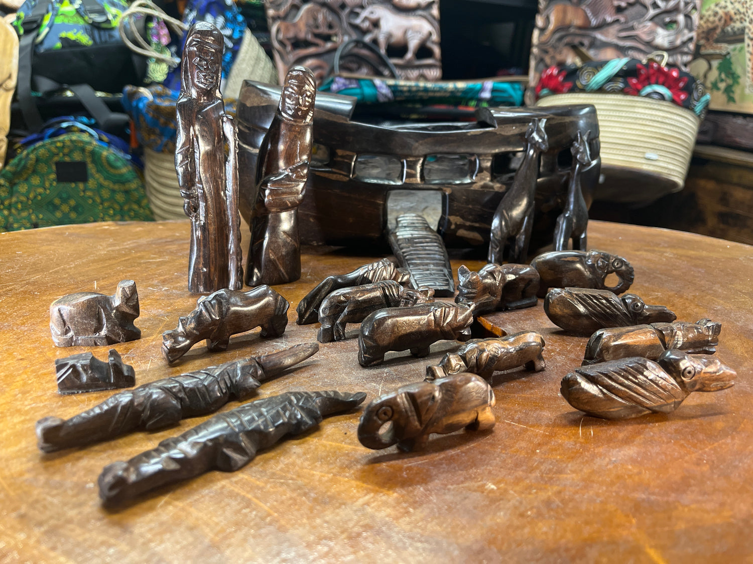 Hand Carved Ebony Noah’s Ark With Animals and Noah and Spouse