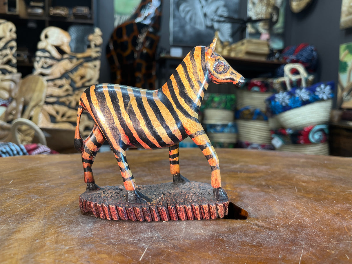 Hand Carved Painted Wooden Zebra on Stand